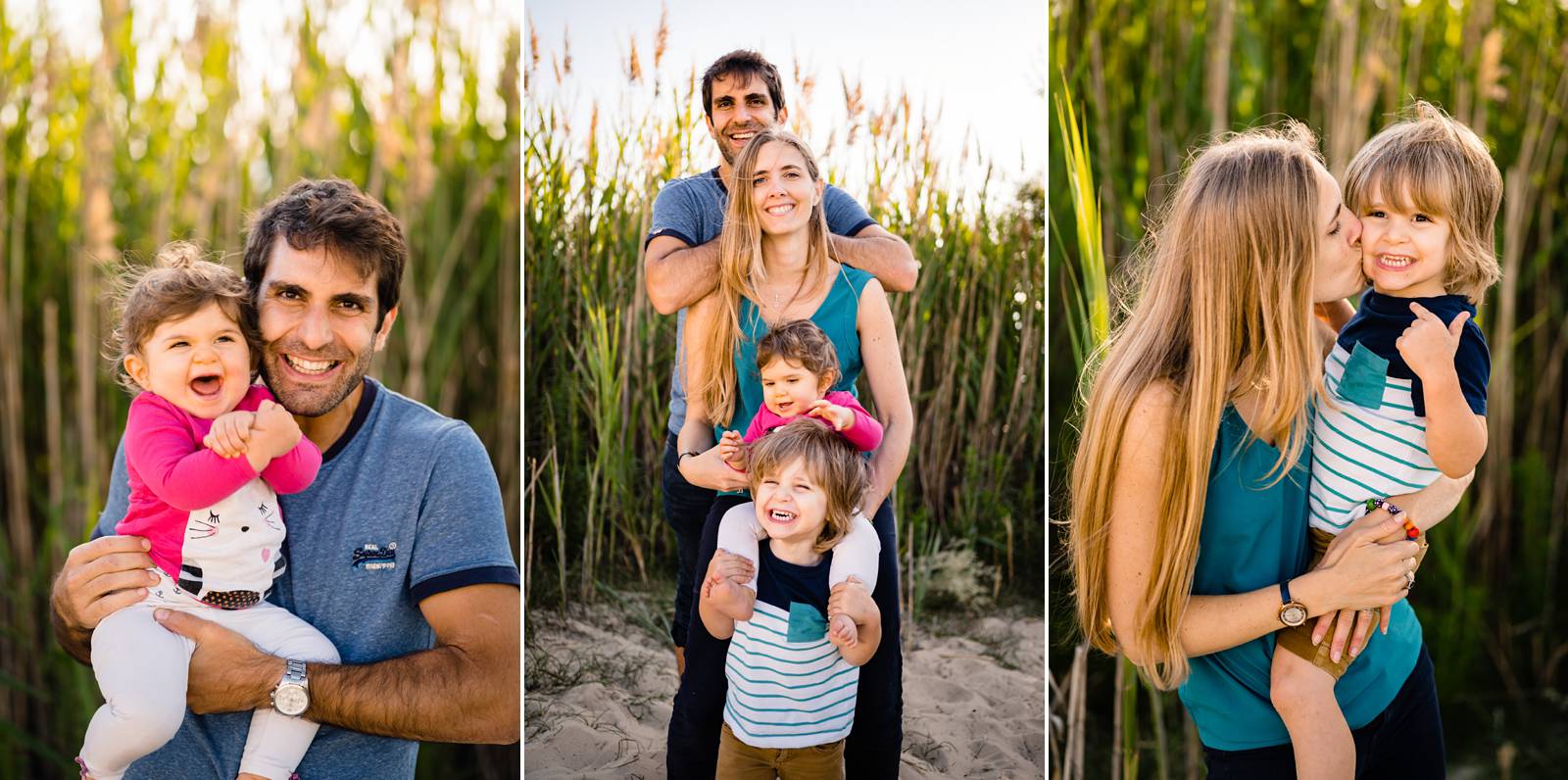 Les photos de famille de Céline, Michel et leurs deux enfants sur la Dune du Pilat, côté Plage Robinson, sur le Bassin d'Arcachon. Une séance fun et naturelle !