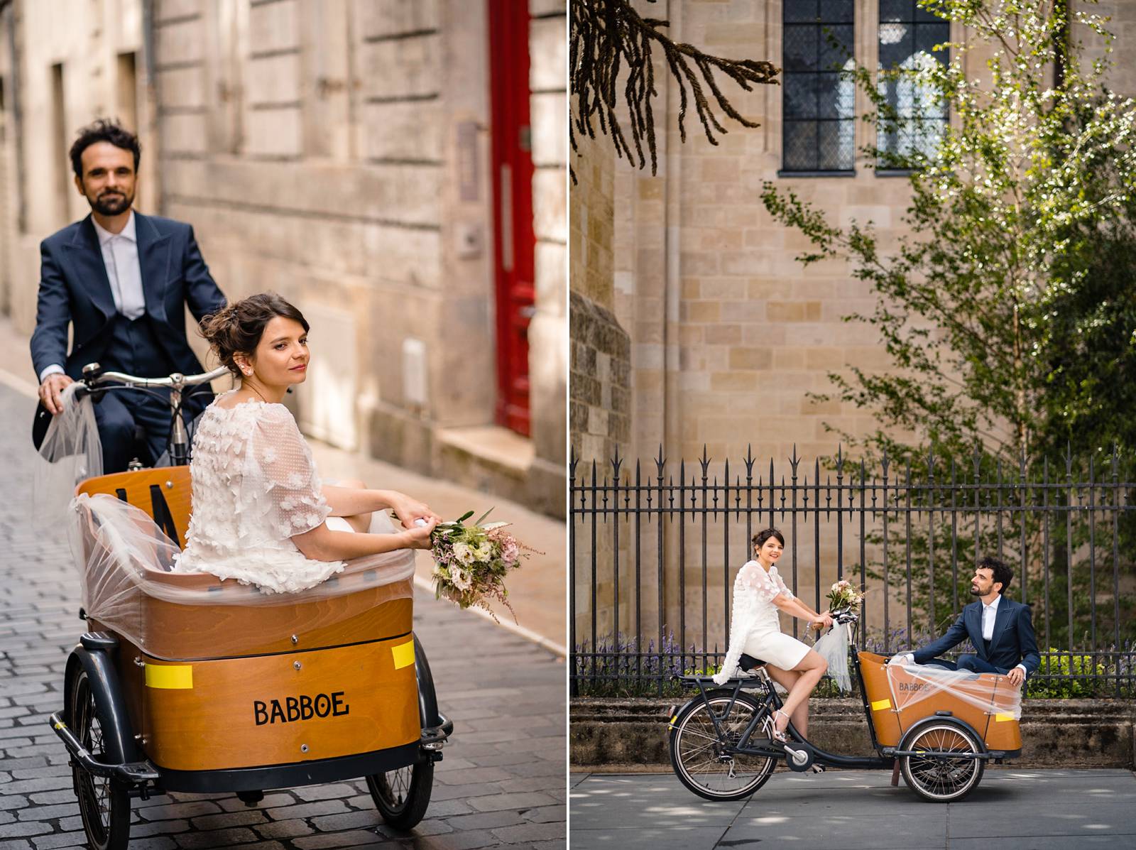 Le mariage civil à vélo original et décalé, à Bordeaux centre et en Charentes sous une tente sketch, de Pierre et Isabelle. Photographe mariage Charentes.