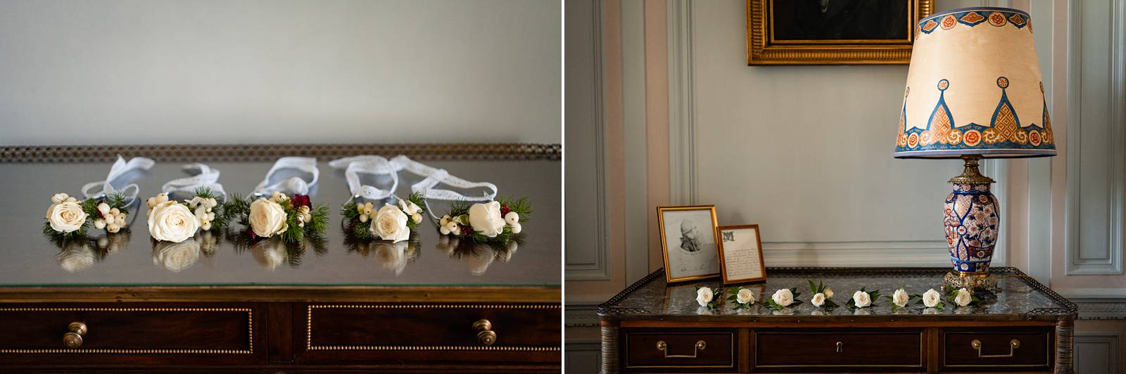 Mariage laïque au Château de Bonnemare en Normandie. Accessoires fleurs mariage. Alexandre Roschewitz photographe mariage.