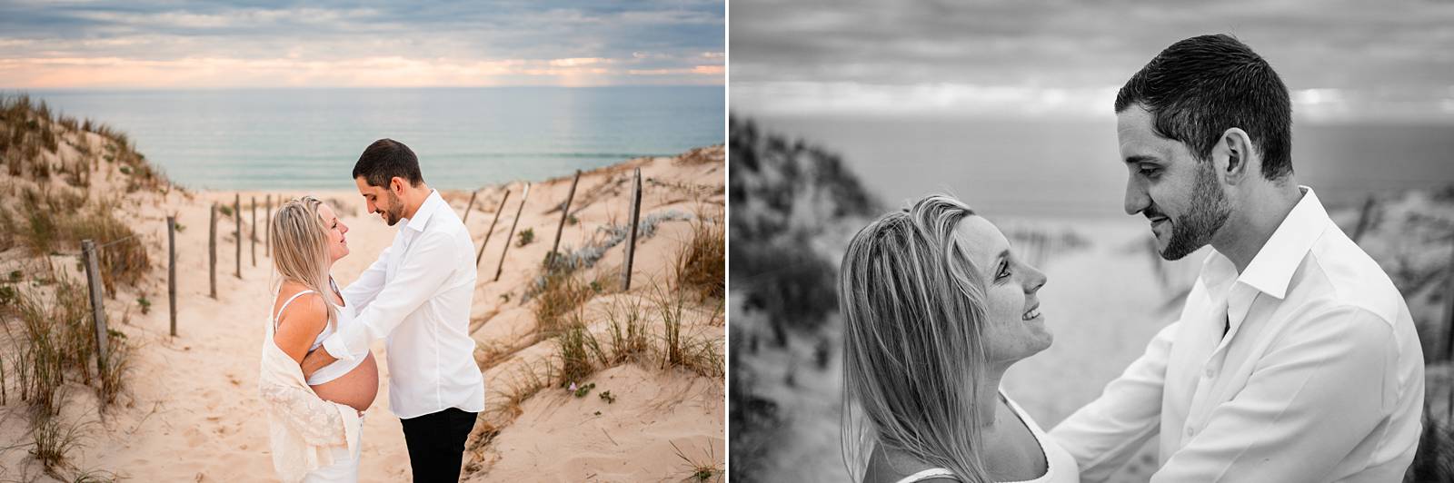 La séance photos de grossesse de Camille et Pierre-Quentin en forêt et sur la plage, au Porge, avant l'arrivée de leur petit garçon Mauro !