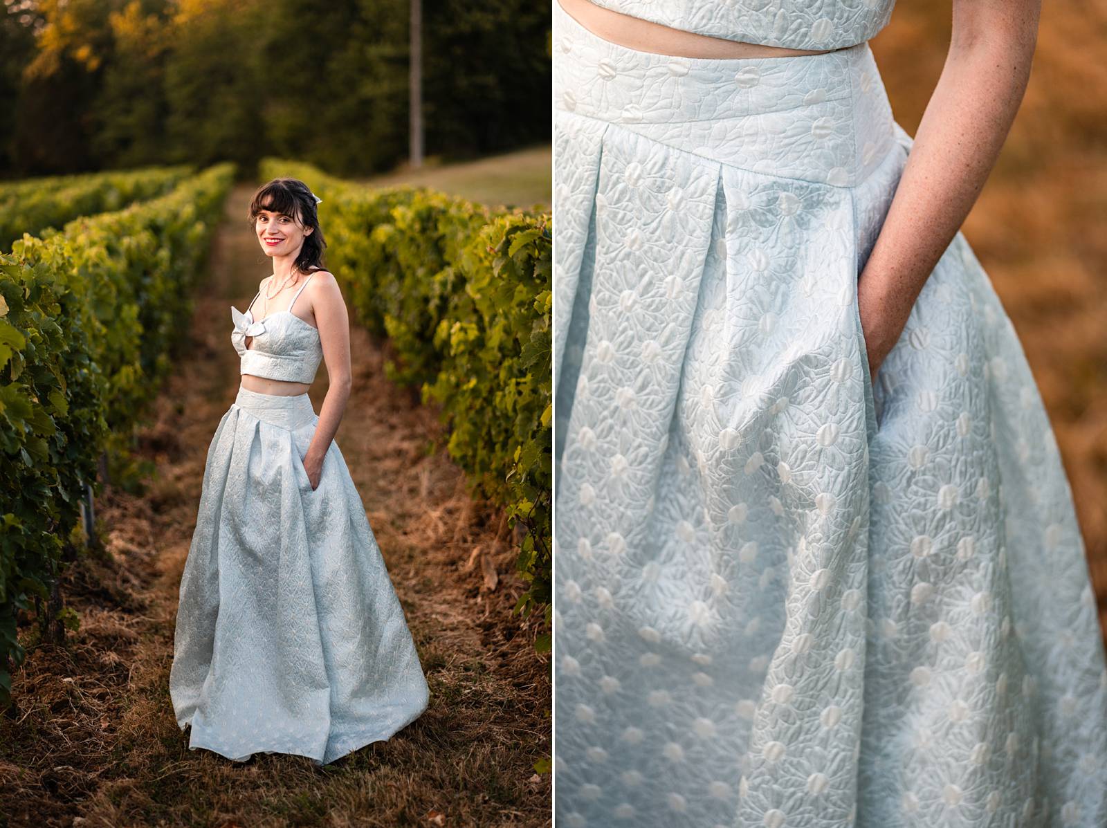 Mariage au Château Flojague proche de Saint-Emilion en Gironde, photos de couple créatives au coucher de soleil.