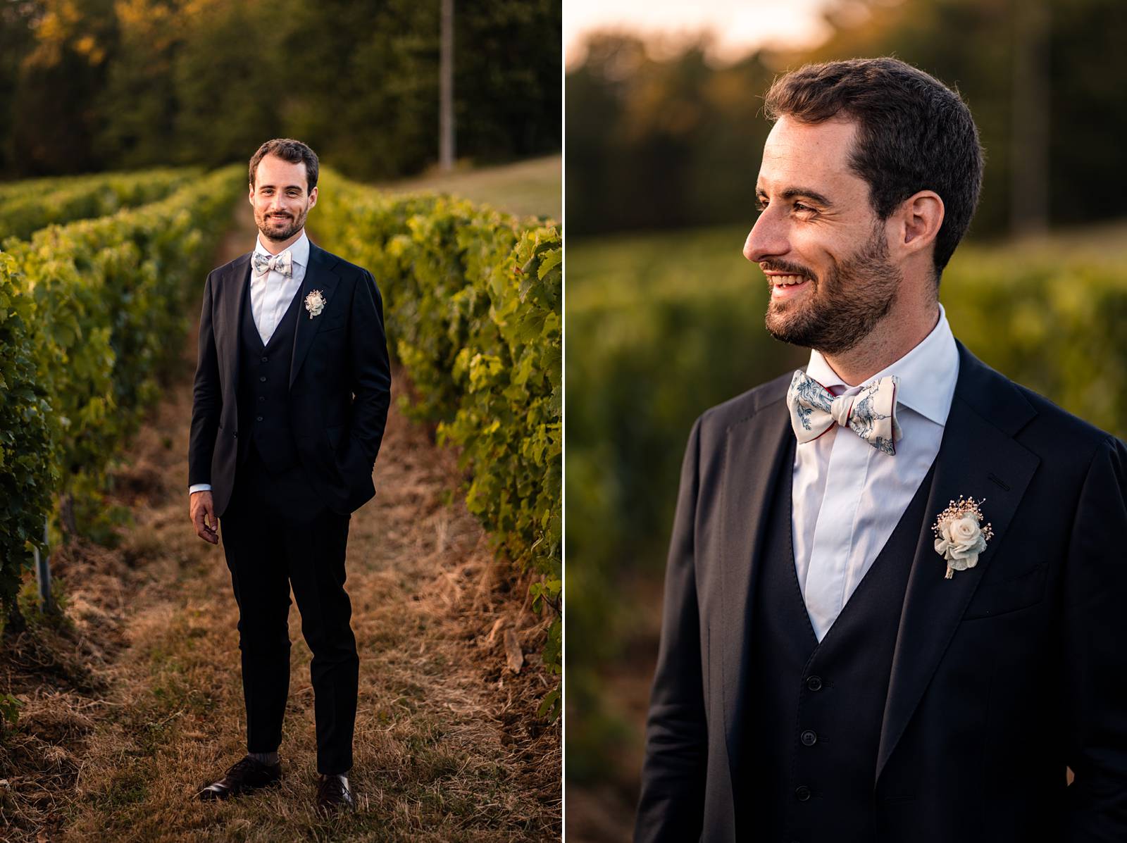 Mariage au Château Flojague proche de Saint-Emilion en Gironde, photos de couple créatives au coucher de soleil.