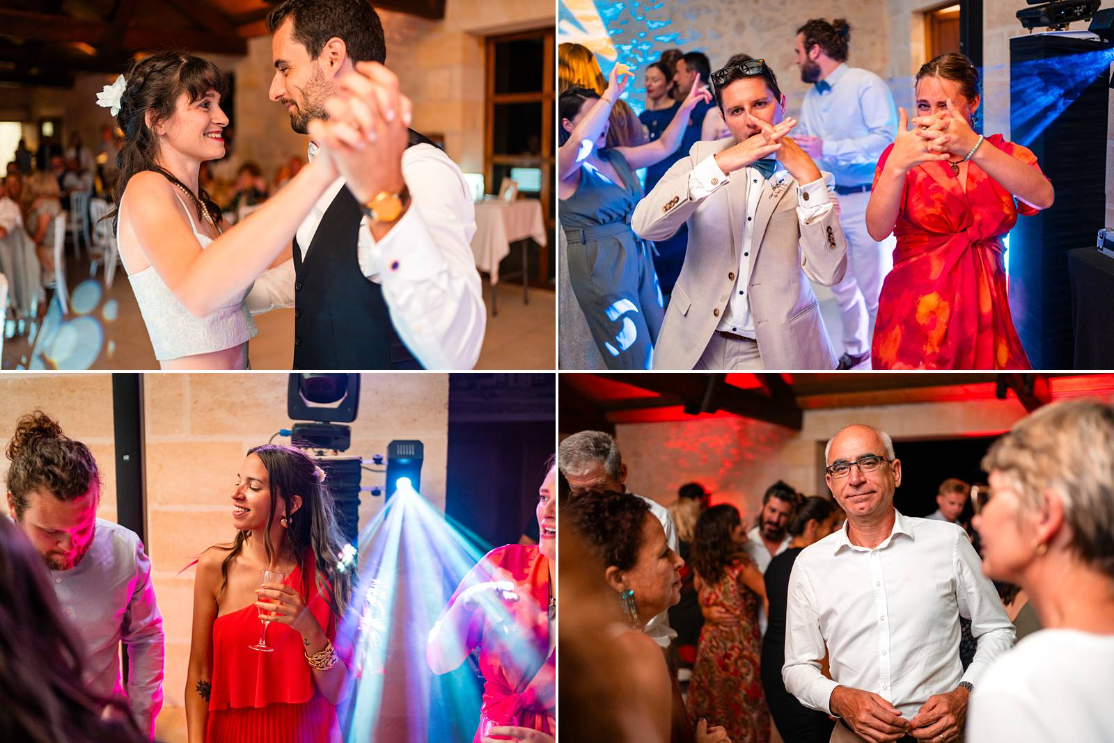 Mariage au Château Flojague proche de Saint-Emilion en Gironde, photos de danse créatives, colorées et joyeuses.