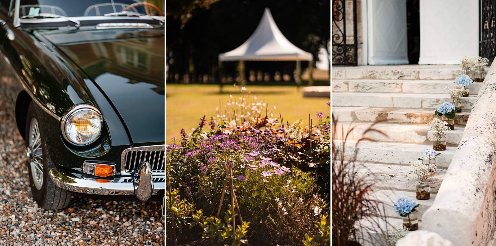 Mariage dans un domaine privé en Normandie, entre Rouen et Le Havre. Cérémonie religieuse. Réception dans le jardin et sous chapiteau en bambou.