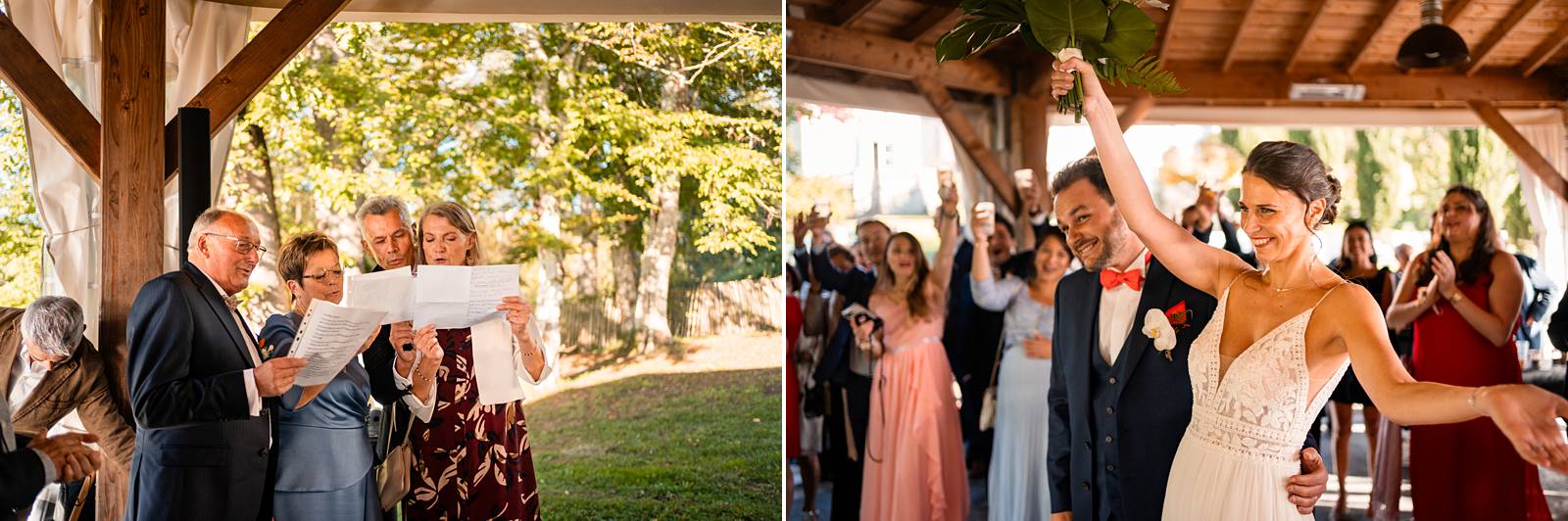 Reportage photo d'un mariage tropical au Domaine de La Fauconnie en Dordogne, avec une décoration tropicale. Photographe mariage Domaine de la Fauconnie.