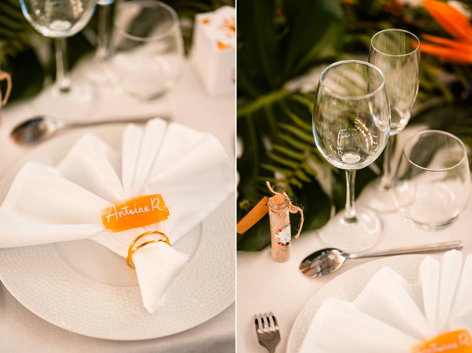 Reportage photo d'un mariage tropical au Domaine de La Fauconnie en Dordogne, avec une décoration tropicale. Photographe mariage Domaine de la Fauconnie.