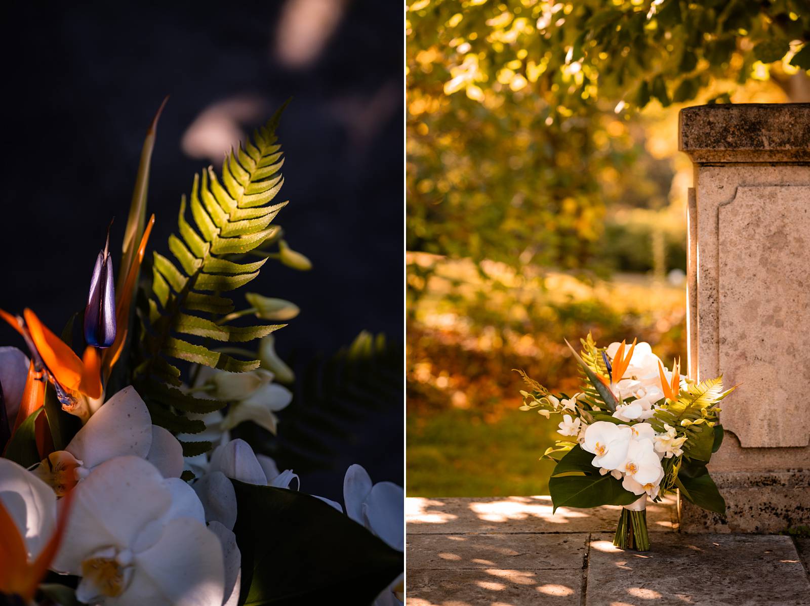 Reportage photo d'un mariage tropical au Domaine de La Fauconnie en Dordogne, avec une décoration tropicale. Photographe mariage Domaine de la Fauconnie.