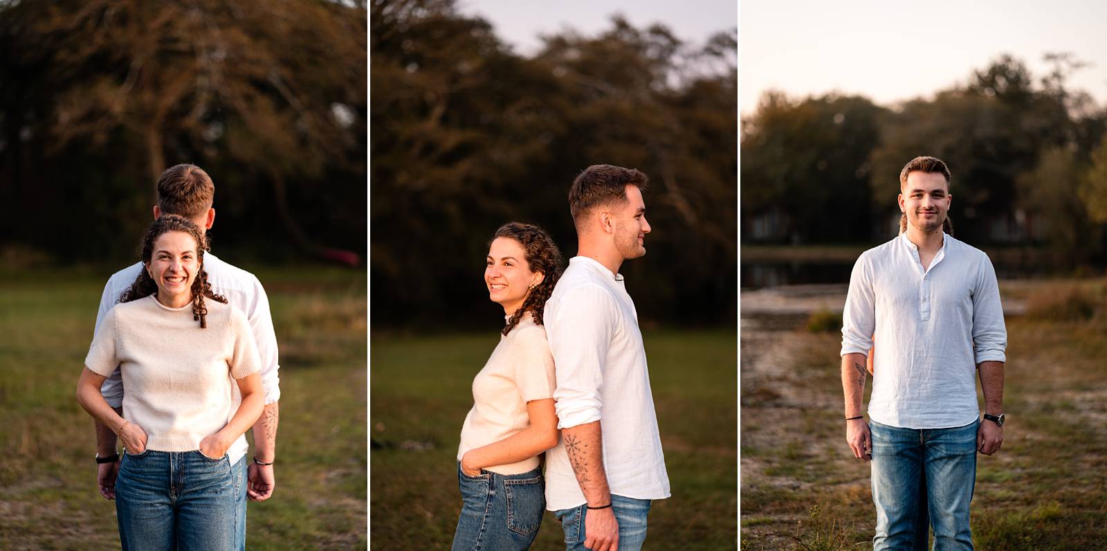 Photos de la séance engagement de Laura et Tristan au Lac de Souston, au coucher de soleil, avant leur mariage en Gironde.