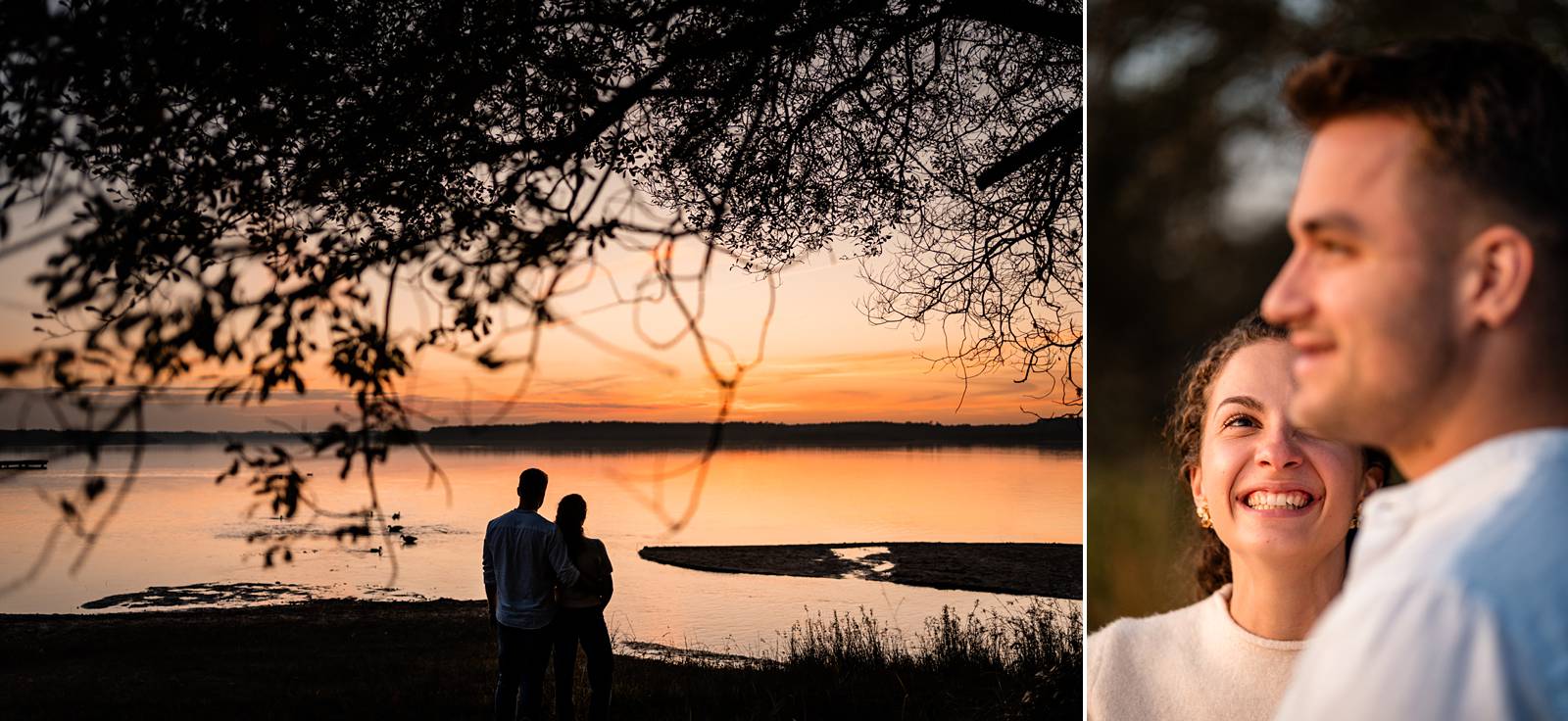 Photos de la séance engagement de Laura et Tristan au Lac de Souston, au coucher de soleil, avant leur mariage en Gironde.