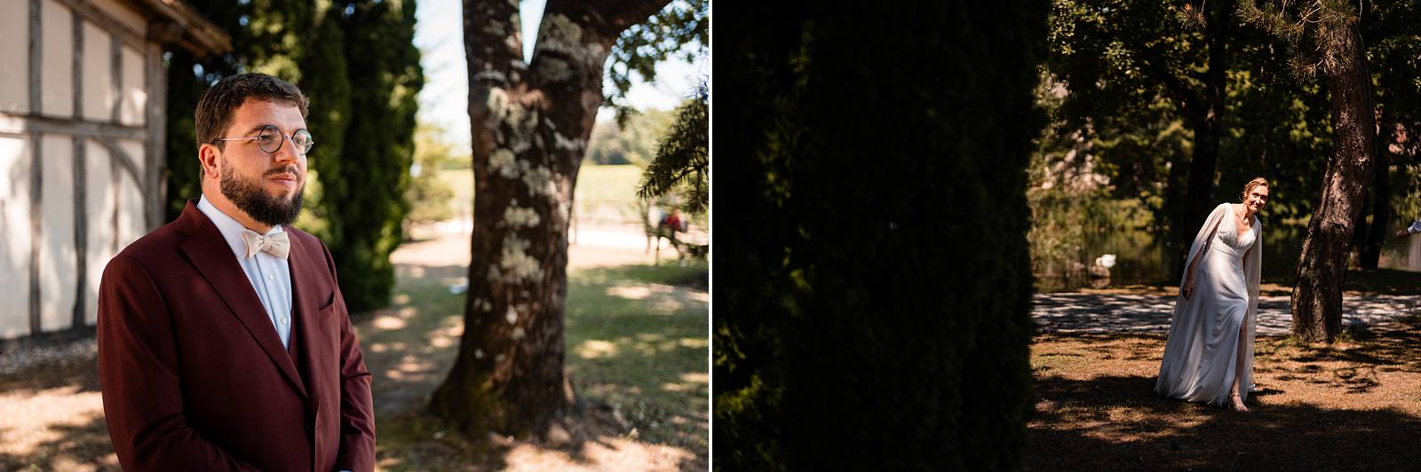 Les mariés se découvrent dans les jardins du Château Smith Haut Lafitte lors du first look