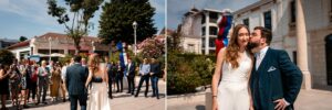 Mariés entourés de leurs proches devant la mairie d’Arcachon sous le soleil de juillet