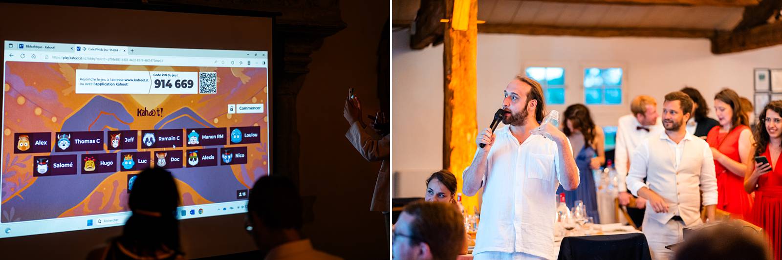Jeu interactif Kahoot pendant le dîner de mariage, les invités jouent avec leur smartphone