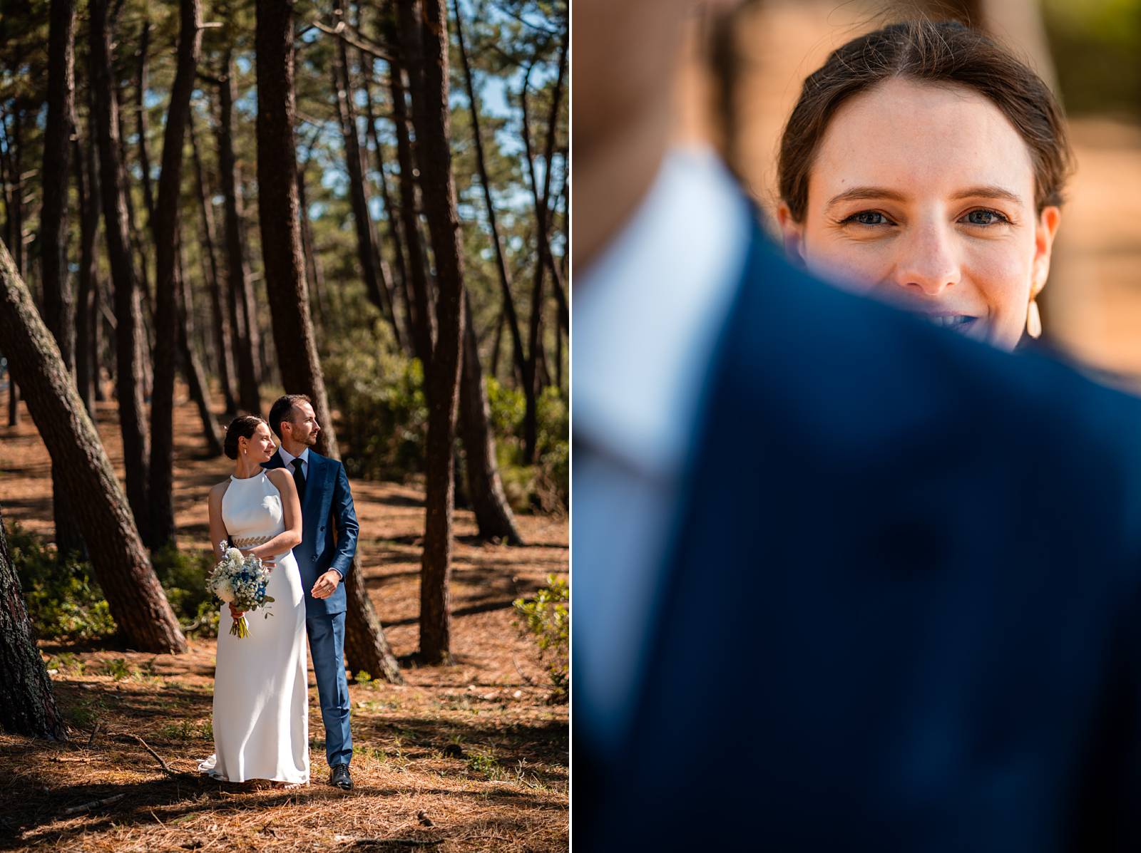Photos de couple sous les pins, face au Bassin, devant la plage Pereire.
