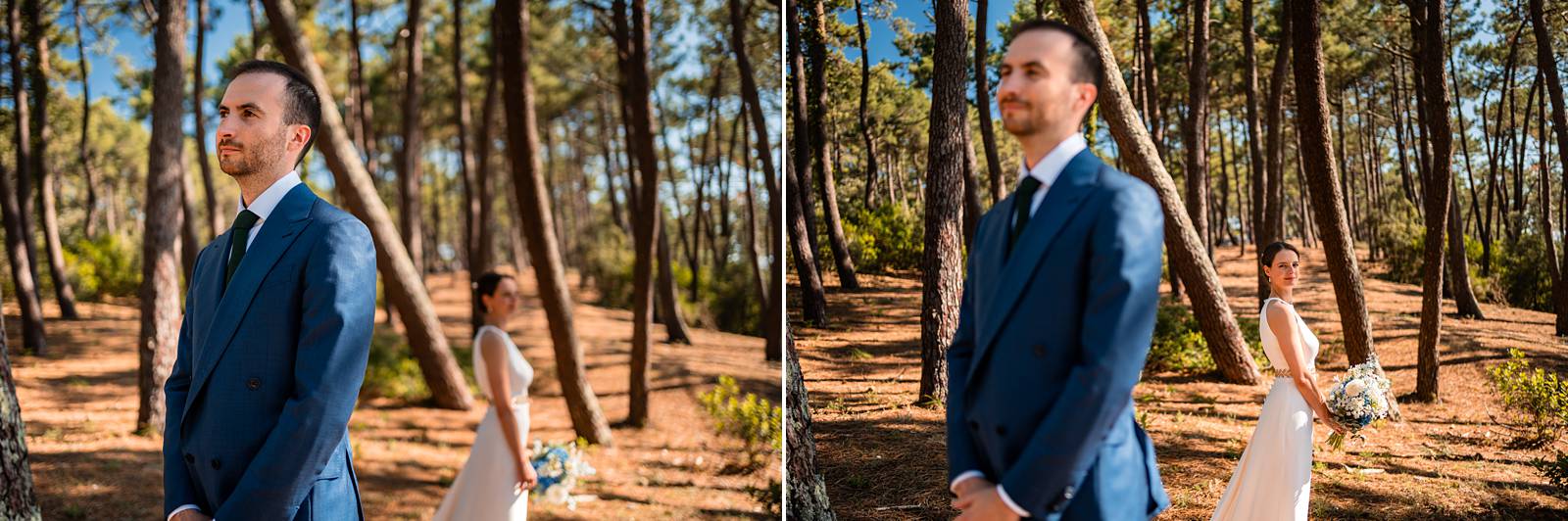 Photos de couple sous les pins, face au Bassin, devant la plage Pereire.
