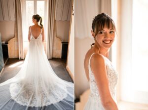 Préparatifs de la mariée dans une chambre lumineuse du Château de Garde.