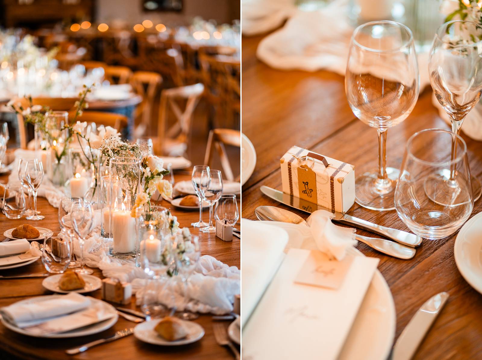 Réception haut de gamme au Château de Garde – tables décorées avec raffinement.