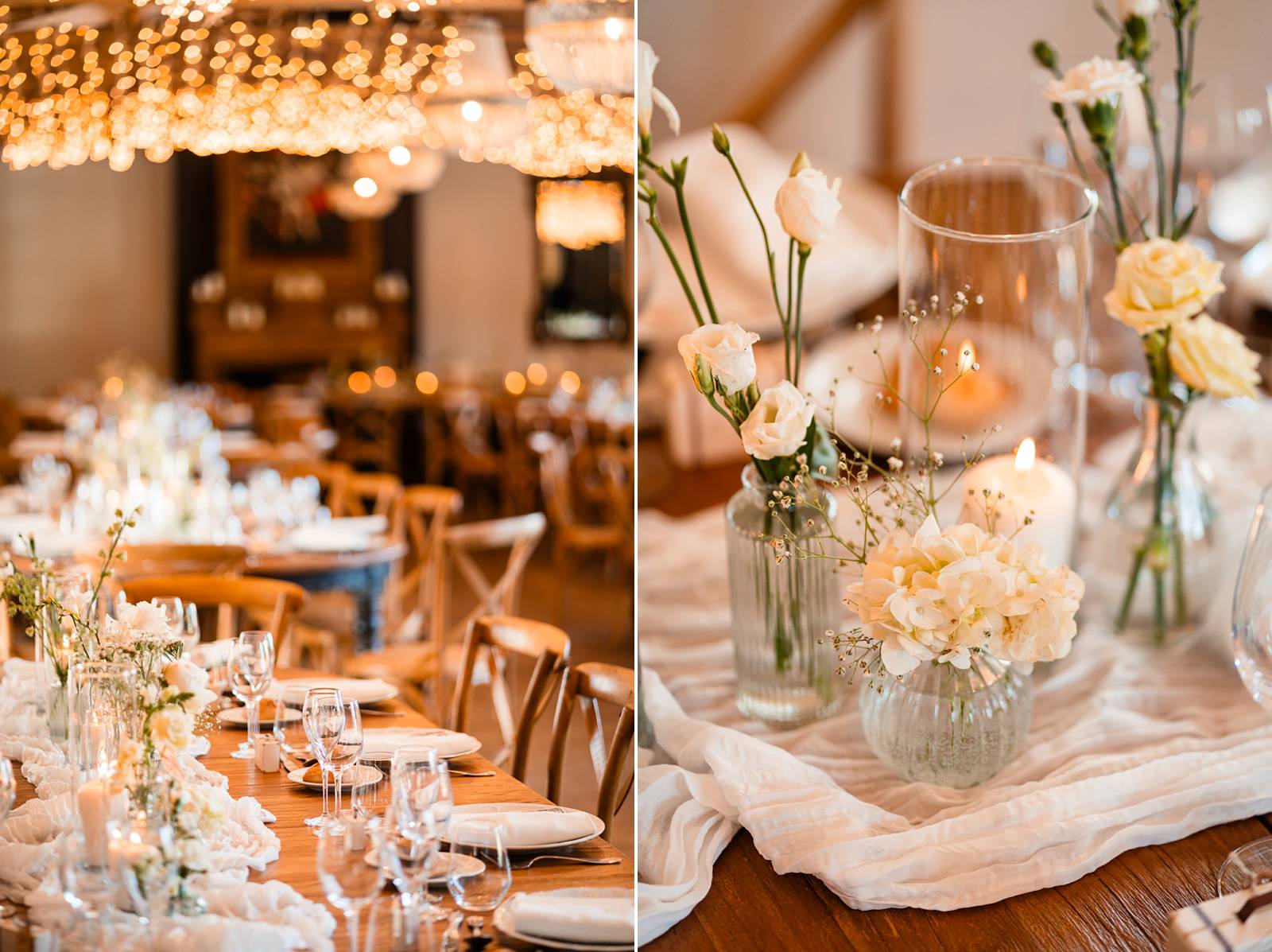 Réception haut de gamme au Château de Garde – tables décorées avec raffinement.