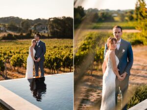 Photos de couple devant la piscine du Château de Garde.