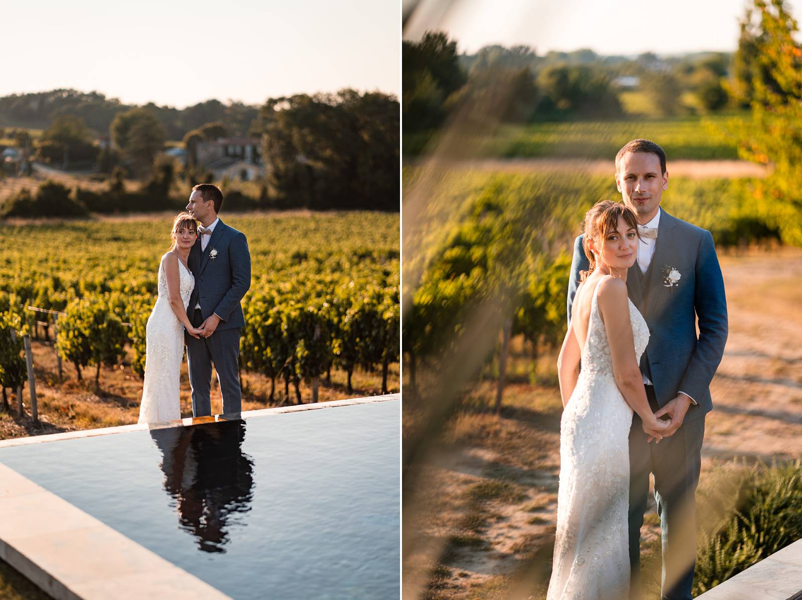 Photos de couple devant la piscine du Château de Garde.