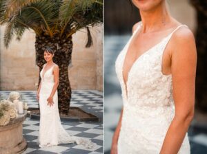 Portraits des mariés dans le patio aux palmiers au Château de Garde