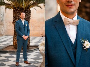 Portraits des mariés dans le patio aux palmiers au Château de Garde