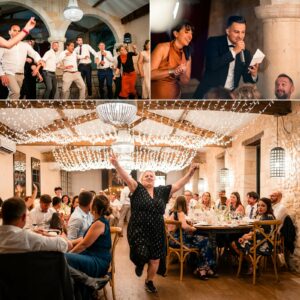 Réception haut de gamme au Château de Garde – tables décorées avec raffinement.