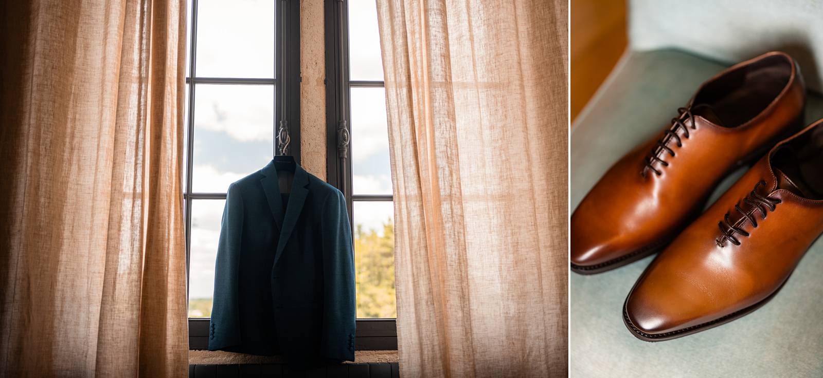 Détails du costume et des accessoires du marié au Château de Garde