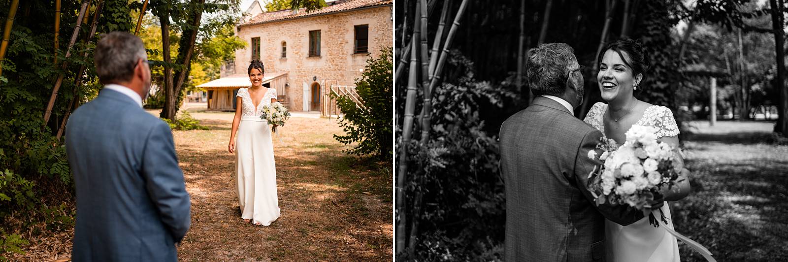 Découverte émouvante entre Emeline et son père près des bambous du Domaine.