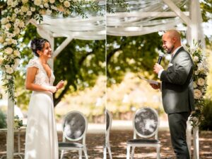 Échange de vœux entre Emeline et Hugo, entourés de leurs proches.