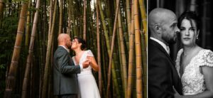 Portrait romantique des mariés entre les bambous et les arbres.