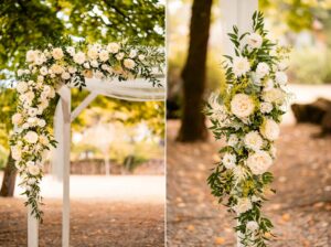 Détails fleurs et arche florale mariage au Domaine de Valmont