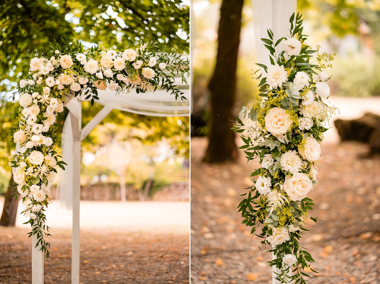 Détails fleurs et arche florale mariage au Domaine de Valmont