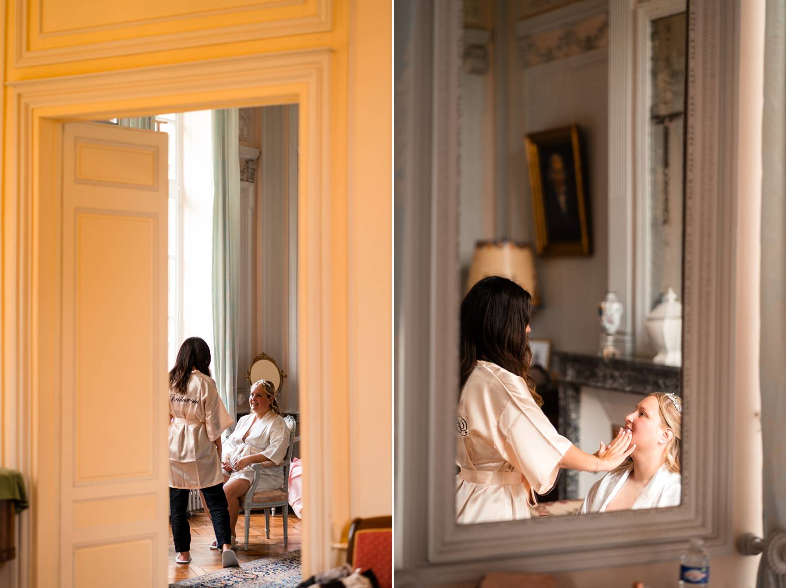 Mariée se préparant avec ses demoiselles d'honneur dans la suite Louis XVI du Château de Bonnemare, Normandie