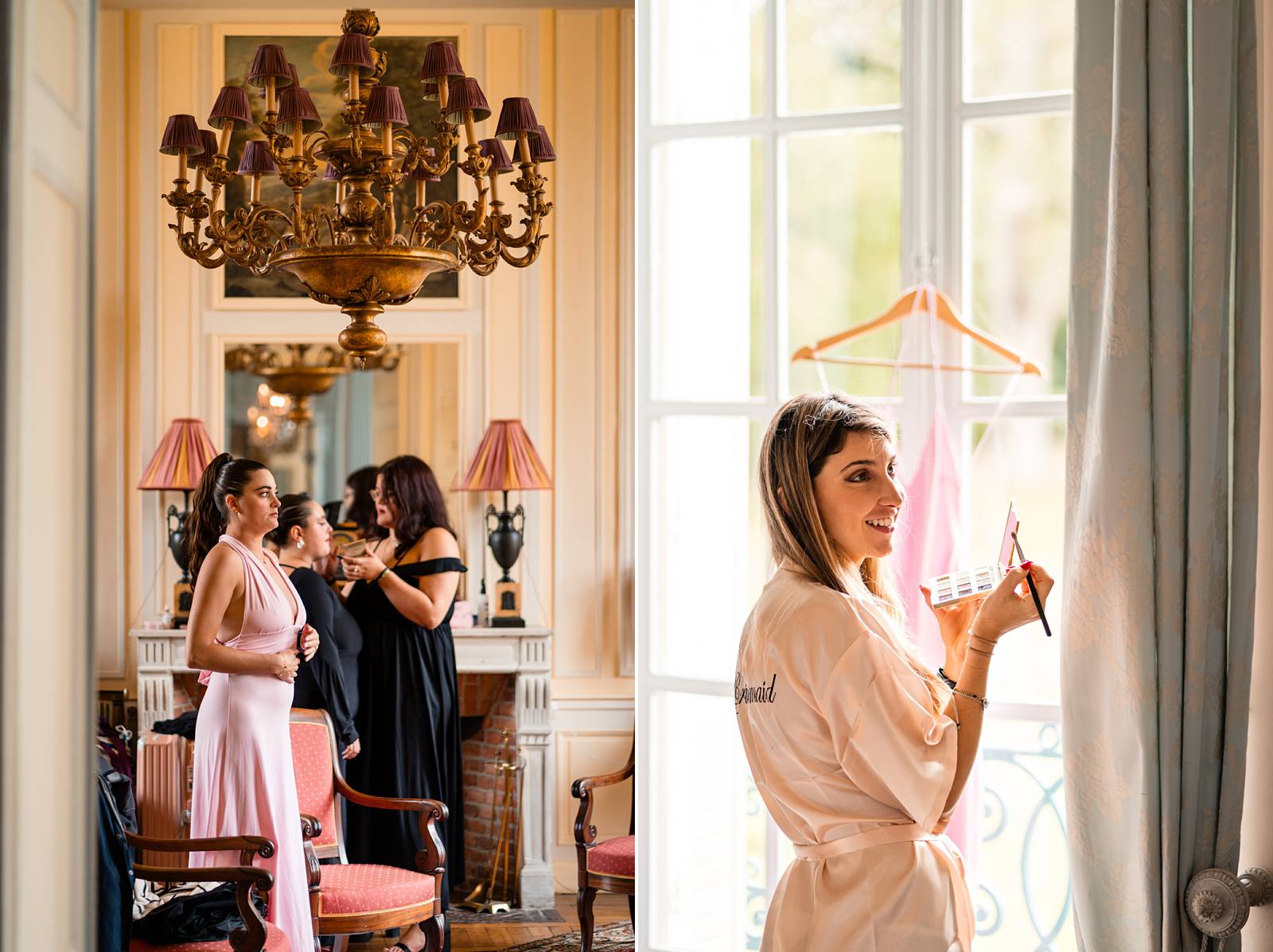 Mariée se préparant avec ses demoiselles d'honneur dans la suite Louis XVI du Château de Bonnemare, Normandie