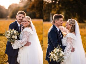 Portrait romantique des mariés au coucher du soleil près du château