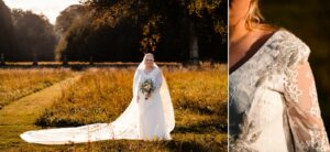 Mariée tenant son bouquet dans la prairie du domaine