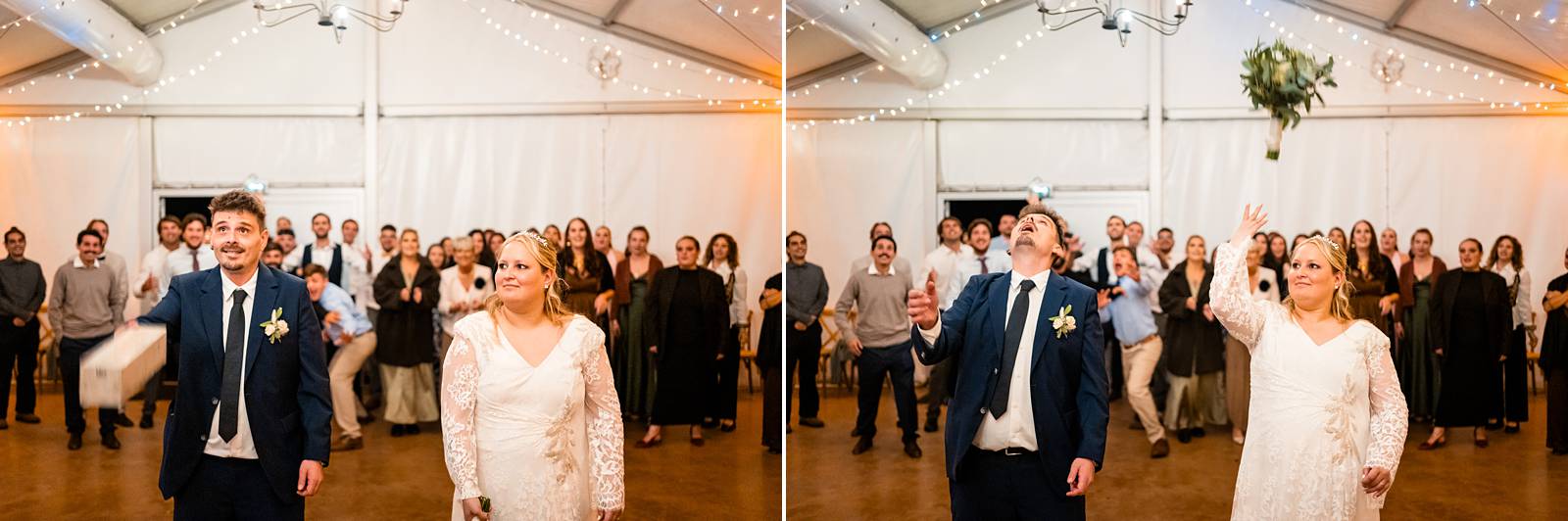 Lancer du bouquet par la mariée et de la bouteille par le marié dans la salle de réception