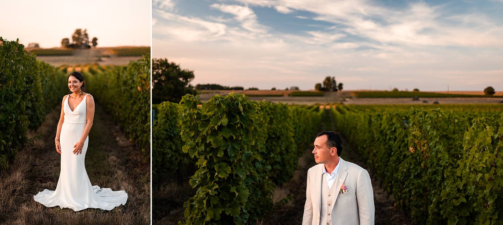 Photo de couple au coucher du soleil dans les vignes au Domaine de Gaïa
