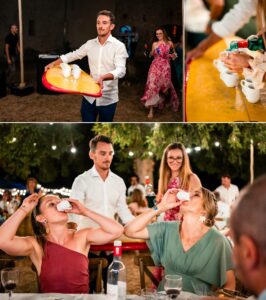 Service de shots sur une planche de surf durant le repas de mariage