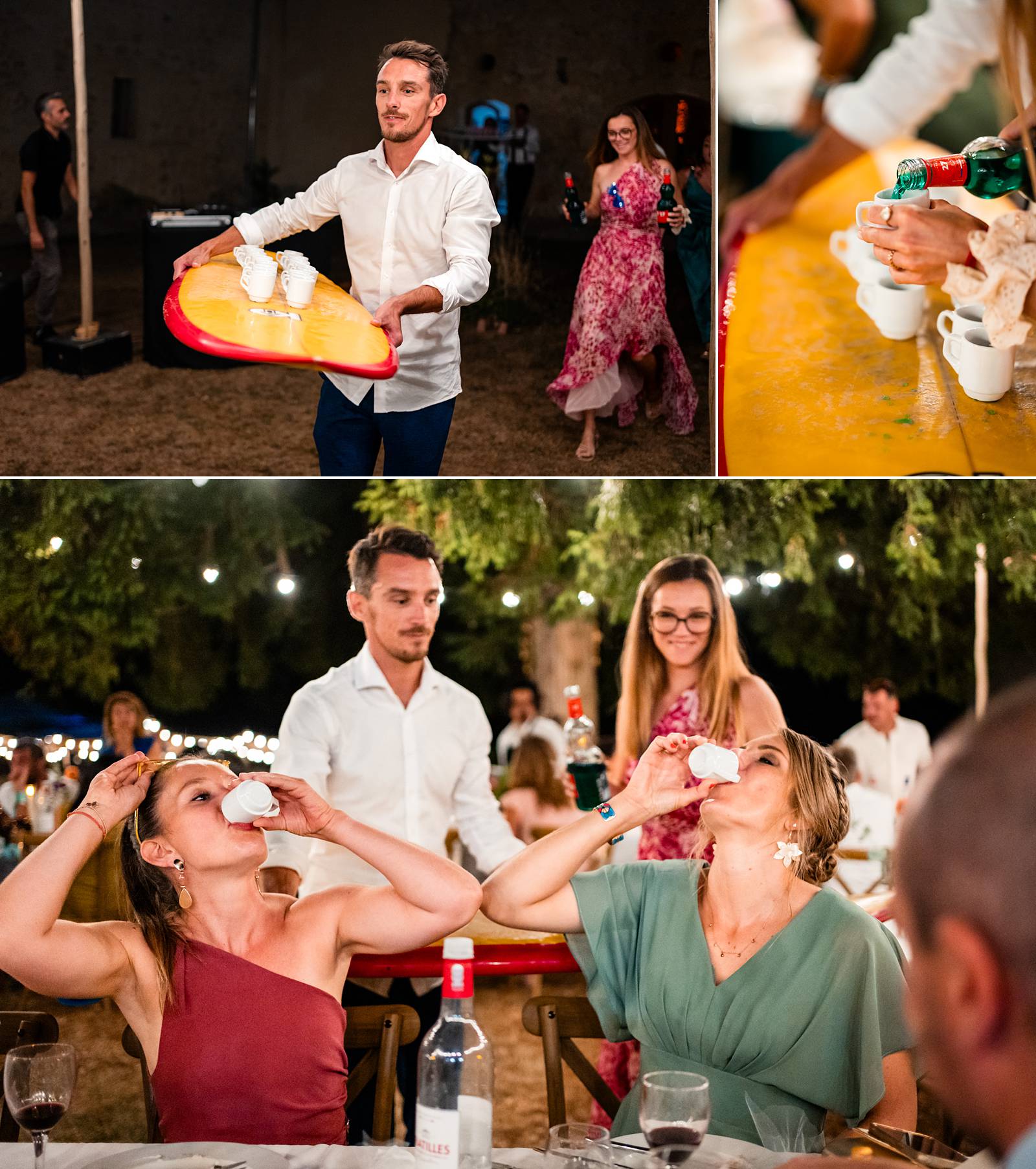 Service de shots sur une planche de surf durant le repas de mariage