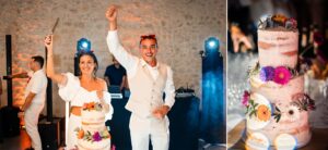 Découpage du gâteau des mariés dans la salle