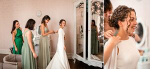 Laura passe sa robe de mariée avec ses témoins dans une chambre du Château Pontet d’Eyrans