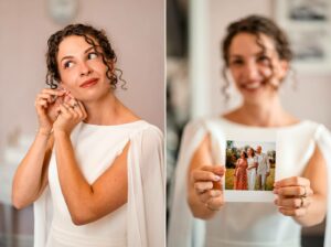 Portrait de Laura dans sa robe de mariée dans une chambre du Château Pontet d’Eyrans