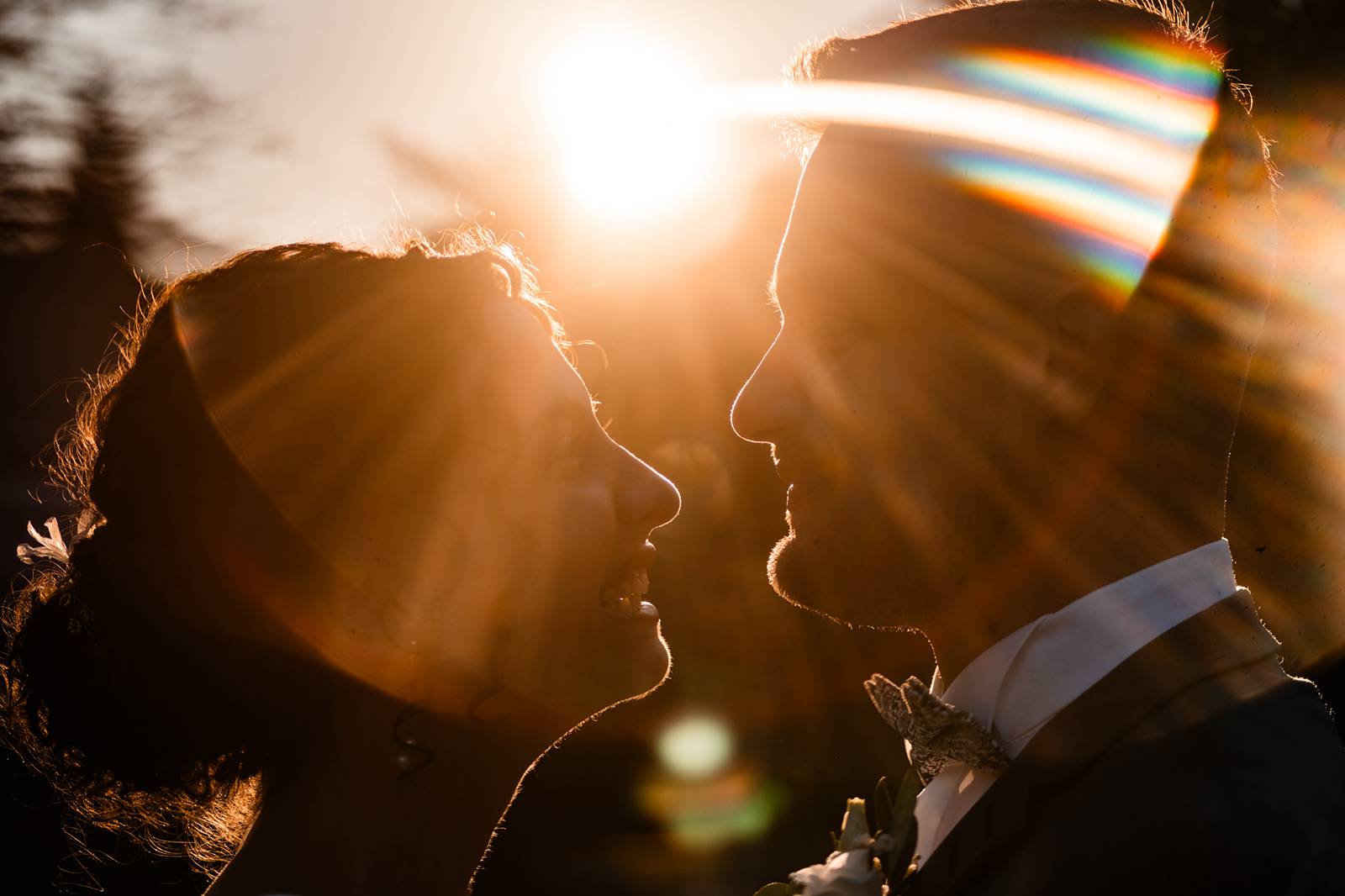 Portrait romantique des mariés au coucher du soleil