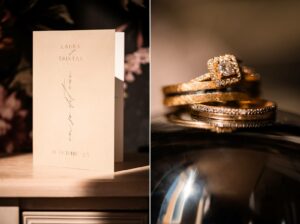 Photos de détails des alliances, bague de fiançailles et faire part