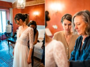 Préparatifs de la mariée dans une chambre du Prieuré Notre-Dame de Conil.