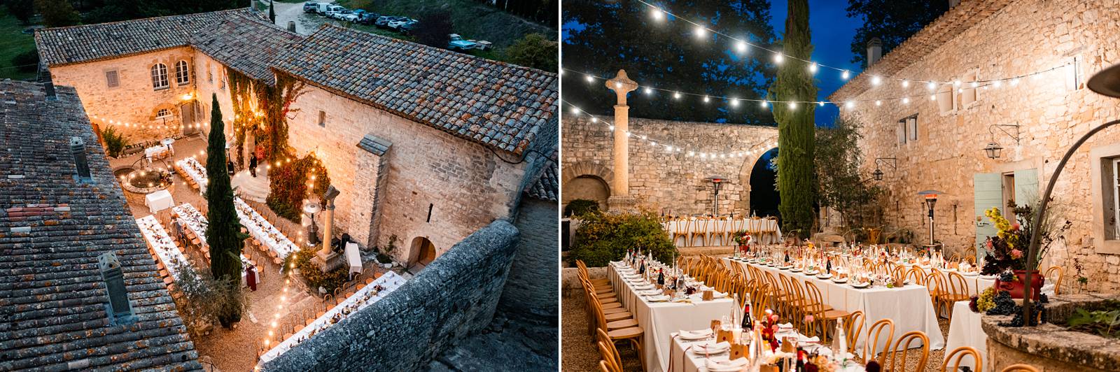 Décoration de la cour du Prieuré Notre-Dame de Conil pour le repas sous les étoiles.