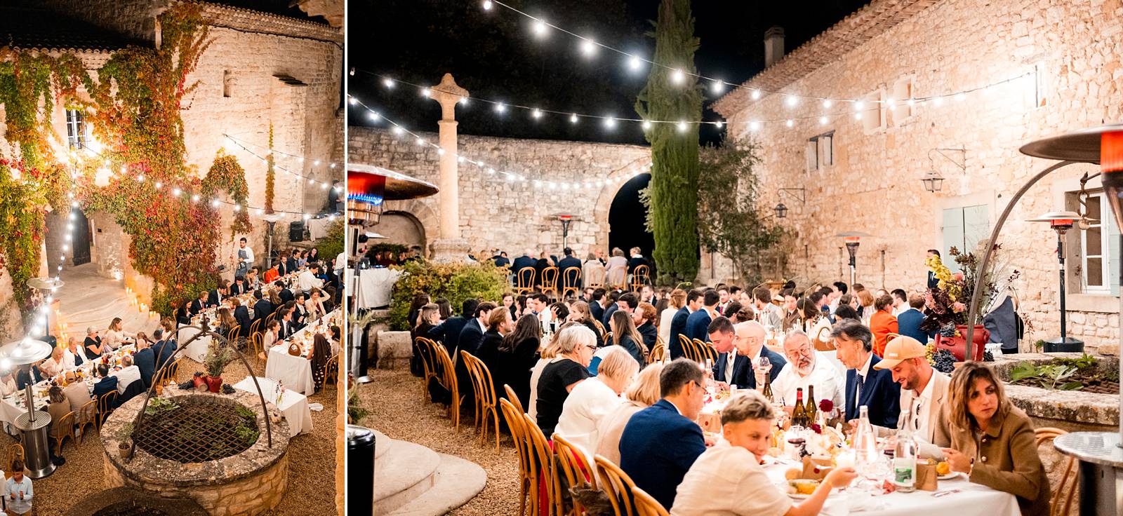 Dîner sous les guirlandes lumineuses dans la cour intérieure du prieuré.