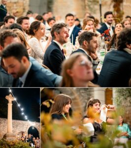 Dîner sous les guirlandes lumineuses dans la cour intérieure du prieuré.