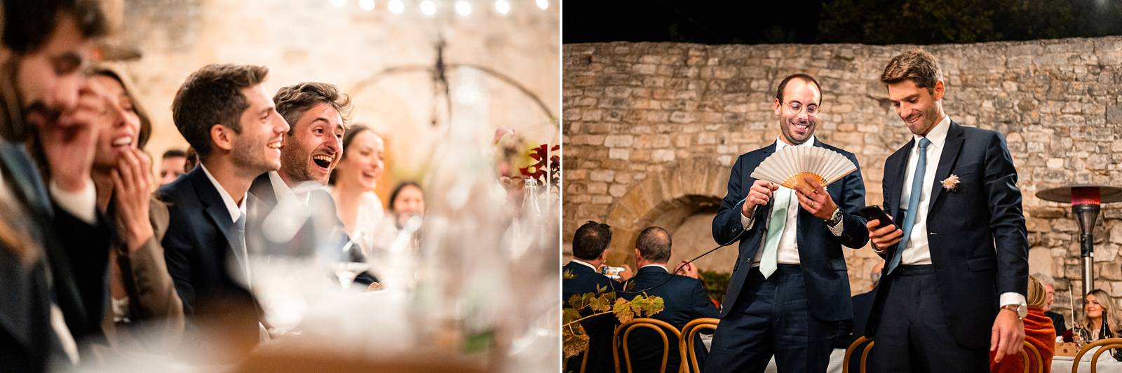 Dîner sous les guirlandes lumineuses dans la cour intérieure du prieuré.